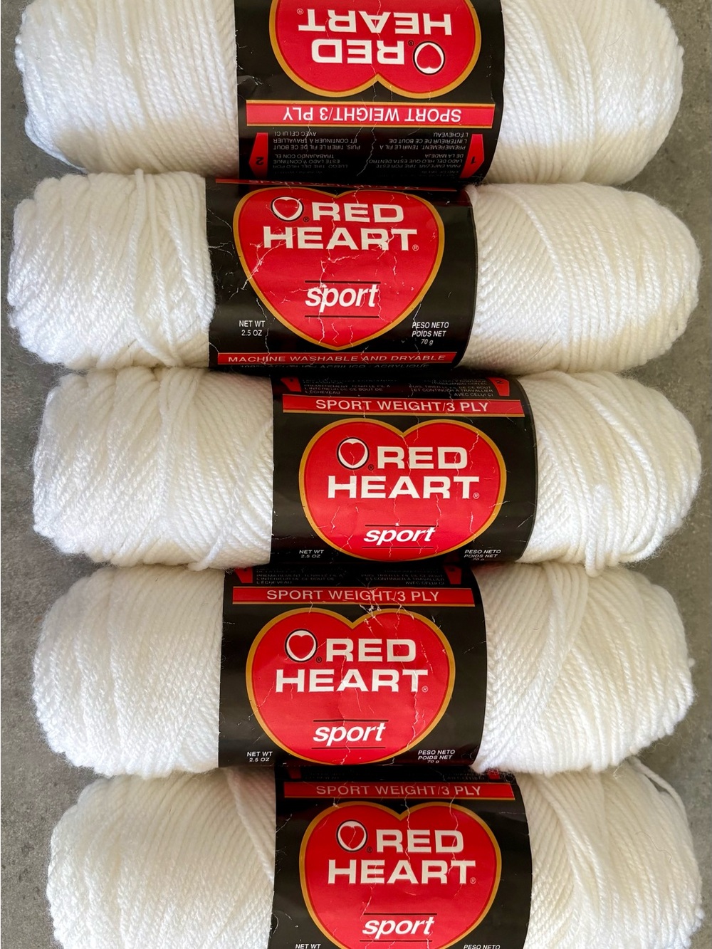 Vintage Red Heart Sport Yarn - White (5 Skeins)